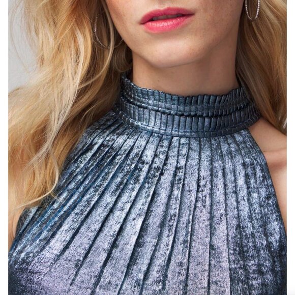 WHBM Halter Pleated Shell Top Blue Metallic 0 - Picture 2 of 10